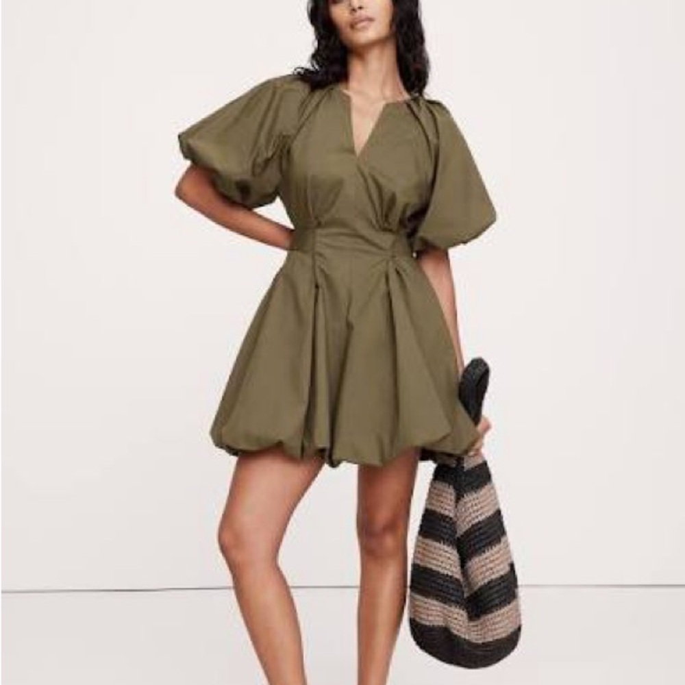 Banana Republic Olive Green COTTON POPLIN BUBBLE-HEM MINI DRESS XS